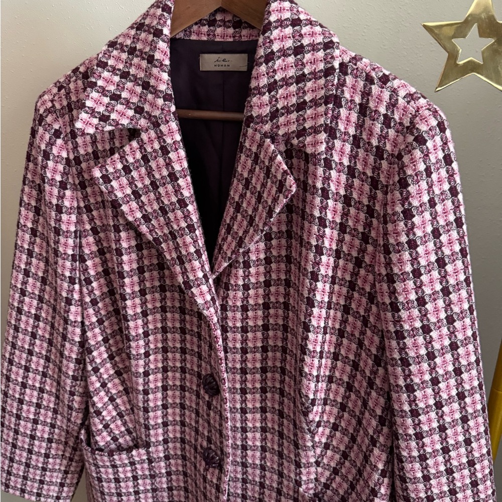 Pink Black Houndstooth Blazer 1X | Plus Size Tweed Statement Jacket - Picture 7 of 10